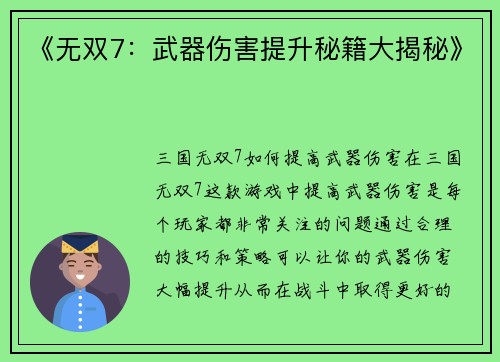 《无双7：武器伤害提升秘籍大揭秘》