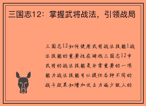 三国志12：掌握武将战法，引领战局